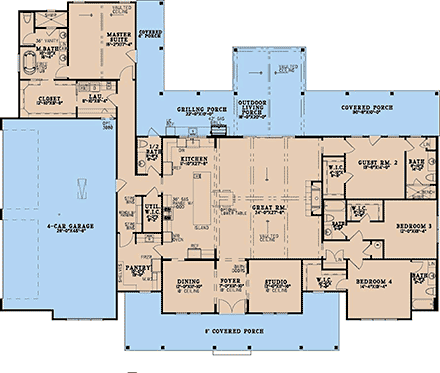 Contemporary, Country, Farmhouse, Southern House Plan 100472 with 4 Beds, 5 Baths, 4 Car Garage First Level Plan