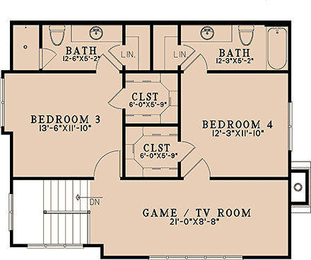 Bungalow, Cottage House Plan 100475 with 4 Beds, 5 Baths, 2 Car Garage Second Level Plan