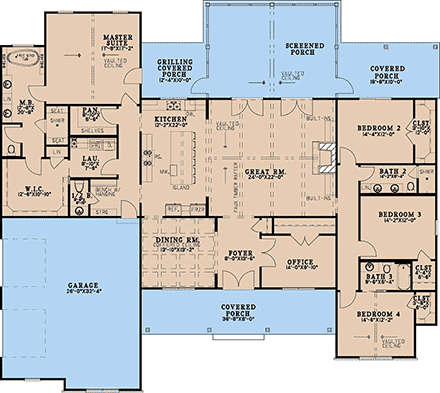 Country, Farmhouse, New American, Southern House Plan 100480 with 4 Beds, 4 Baths, 2 Car Garage First Level Plan
