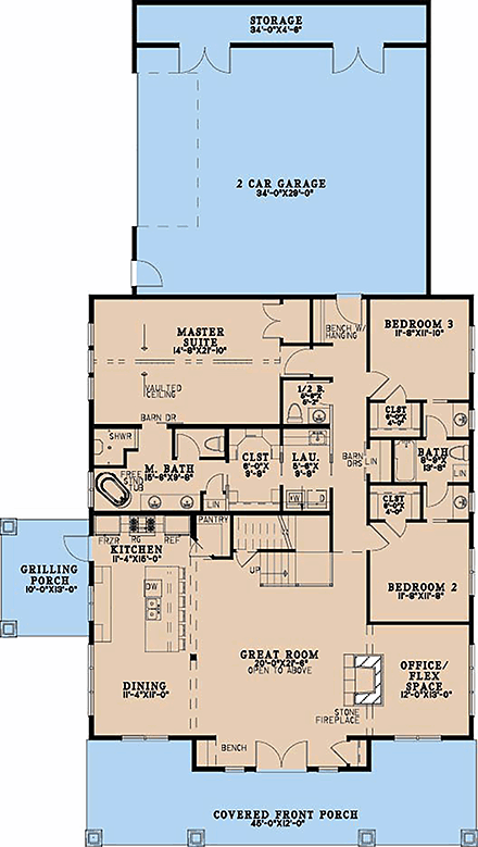 Country, Farmhouse House Plan 100487 with 3 Beds, 4 Baths, 2 Car Garage First Level Plan