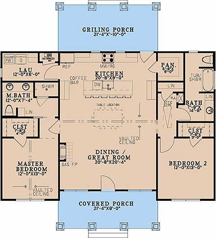 Farmhouse, New American House Plan 100488 with 2 Beds, 2 Baths First Level Plan