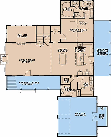 Country, Farmhouse House Plan 100490 with 3 Beds, 3 Baths, 2 Car Garage First Level Plan