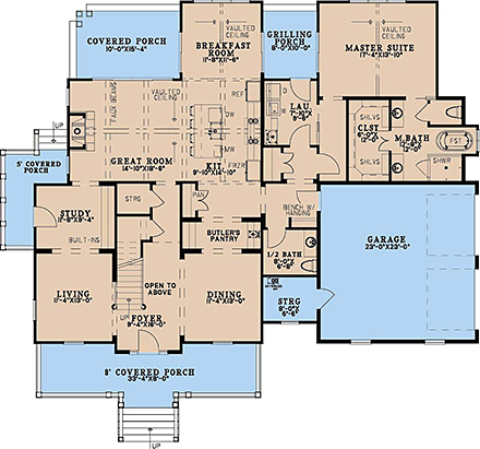 Contemporary, Country, Farmhouse, New American House Plan 100492 with 3 Beds, 4 Baths, 2 Car Garage First Level Plan