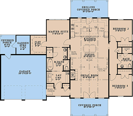 Barndominium, Contemporary, Country, Farmhouse House Plan 100493 with 3 Beds, 2 Baths, 2 Car Garage First Level Plan