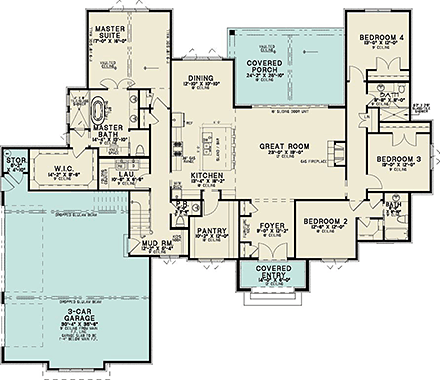 European, French Country House Plan 100494 with 4 Beds, 4 Baths, 3 Car Garage First Level Plan