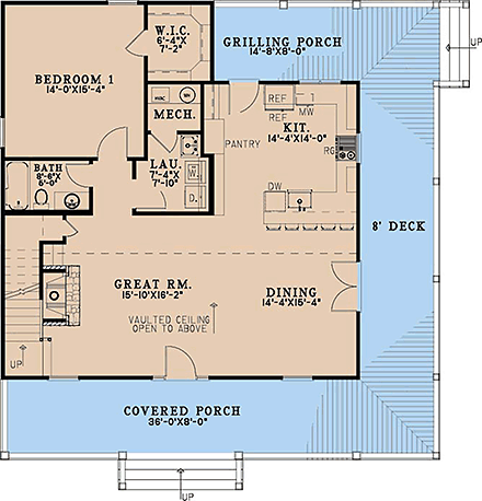 Cottage, Country, Farmhouse House Plan 100496 with 2 Beds, 2 Baths First Level Plan