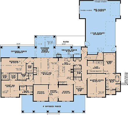 Contemporary, Country, Farmhouse House Plan 100497 with 3 Beds, 4 Baths, 3 Car Garage First Level Plan