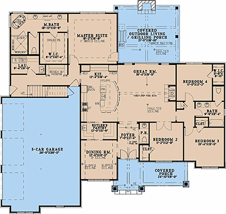 Country, Craftsman, European, French Country, Traditional House Plan 100499 with 4 Beds, 4 Baths, 3 Car Garage First Level Plan