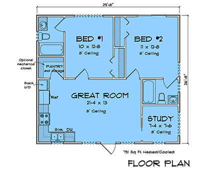 Country, Traditional House Plan 100601 with 2 Beds, 2 Baths First Level Plan