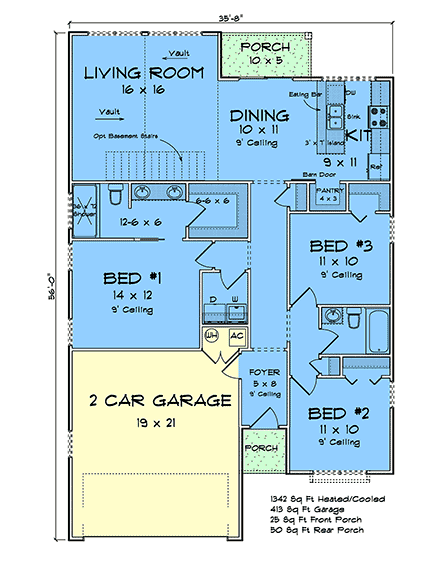 Traditional House Plan 100603 with 3 Beds, 2 Baths, 2 Car Garage First Level Plan
