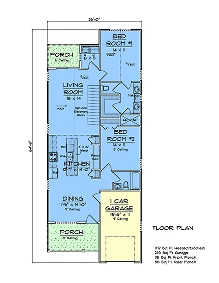 Craftsman, Traditional House Plan 100610 with 2 Beds, 2 Baths, 1 Car Garage First Level Plan