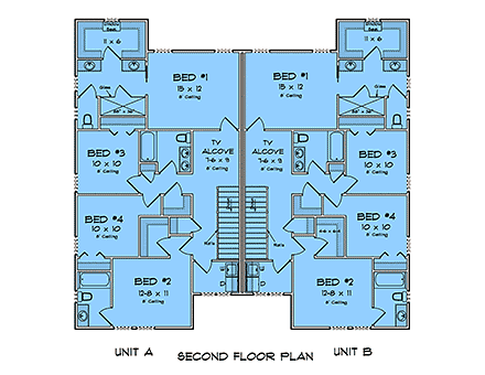 Traditional Multi-Family Plan 100611 with 8 Beds, 8 Baths, 4 Car Garage Second Level Plan