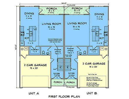 Contemporary, Modern Multi-Family Plan 100612 with 4 Beds, 4 Baths, 4 Car Garage First Level Plan