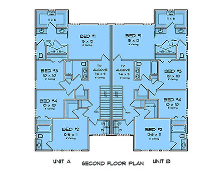 Contemporary, Modern Multi-Family Plan 100612 with 4 Beds, 4 Baths, 4 Car Garage Second Level Plan