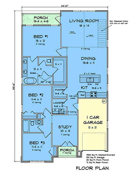 Country, Ranch House Plan 100613 with 3 Beds, 2 Baths, 1 Car Garage First Level Plan