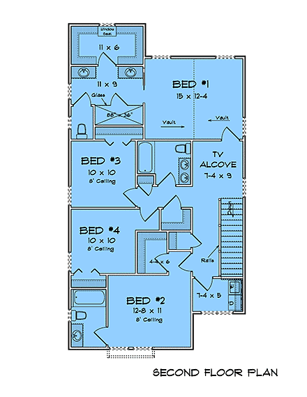 Cottage, Country, Traditional House Plan 100614 with 4 Beds, 4 Baths, 2 Car Garage Second Level Plan