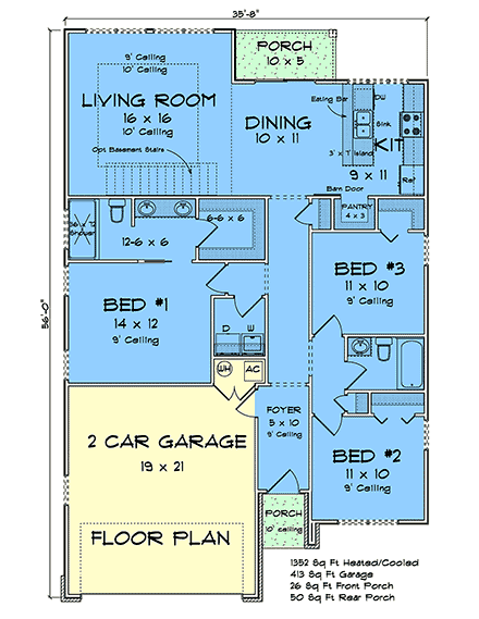 Contemporary, Modern House Plan 100617 with 3 Beds, 2 Baths, 2 Car Garage First Level Plan