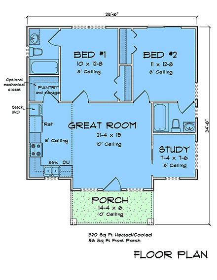 Modern House Plan 100619 with 2 Beds, 2 Baths First Level Plan