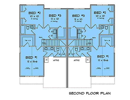 Craftsman, Traditional Multi-Family Plan 100620 with 6 Beds, 6 Baths, 2 Car Garage Second Level Plan