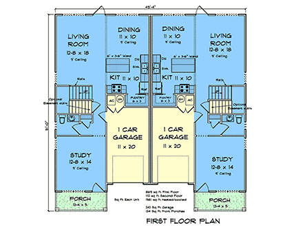 Traditional Multi-Family Plan 100621 with 6 Beds, 6 Baths, 2 Car Garage First Level Plan