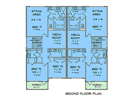 Traditional Multi-Family Plan 100621 with 6 Beds, 6 Baths, 2 Car Garage Second Level Plan
