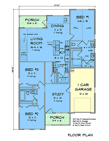 Cottage, Traditional House Plan 100627 with 3 Beds, 2 Baths, 1 Car Garage First Level Plan