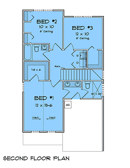 Cottage, Traditional House Plan 100639 with 3 Beds, 3 Baths, 1 Car Garage Second Level Plan