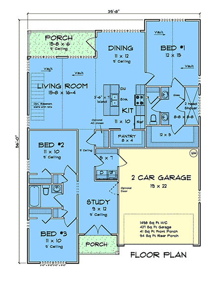 Cottage, Traditional House Plan 100641 with 3 Beds, 2 Baths, 2 Car Garage First Level Plan