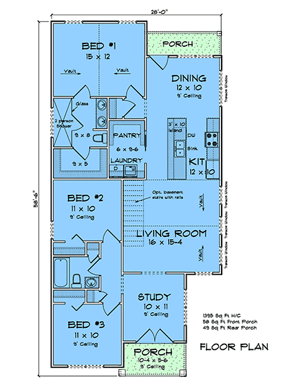 Cottage, Country House Plan 100644 with 3 Beds, 2 Baths First Level Plan