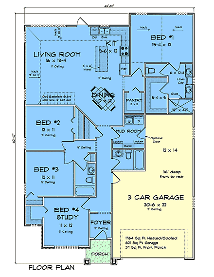Cottage, Traditional House Plan 100648 with 4 Beds, 3 Baths, 3 Car Garage First Level Plan