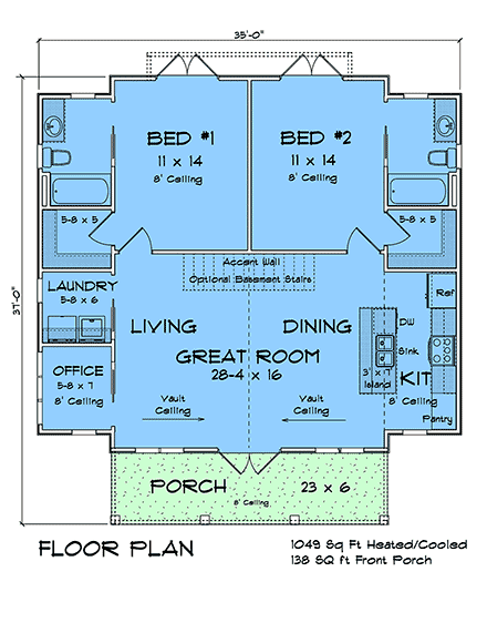 Cottage, Traditional House Plan 100652 with 2 Beds, 2 Baths First Level Plan
