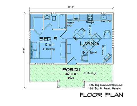 Cottage, Craftsman House Plan 100654 with 1 Beds, 1 Baths First Level Plan