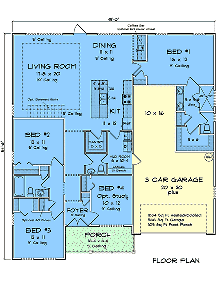 Cottage, Craftsman, Ranch, Traditional House Plan 100656 with 4 Beds, 3 Baths, 3 Car Garage First Level Plan