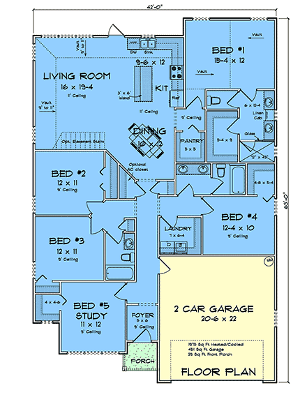 Cottage, Traditional House Plan 100658 with 5 Beds, 3 Baths, 2 Car Garage First Level Plan