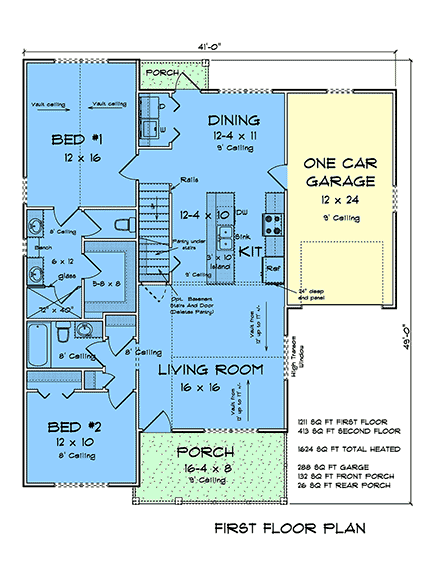 Cottage, Craftsman, Traditional House Plan 100665 with 4 Beds, 3 Baths, 1 Car Garage First Level Plan