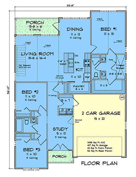Contemporary, Modern, Prairie House Plan 100666 with 3 Beds, 2 Baths, 2 Car Garage First Level Plan
