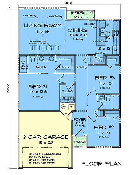 Cottage, Craftsman, Traditional House Plan 100674 with 3 Beds, 2 Baths, 2 Car Garage First Level Plan