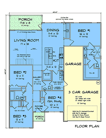 Cottage, Craftsman House Plan 100676 with 4 Beds, 3 Baths, 3 Car Garage First Level Plan