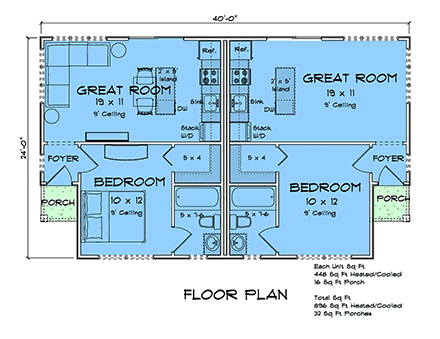 Cottage, Country, Traditional Multi-Family Plan 100677 with 2 Beds, 2 Baths First Level Plan