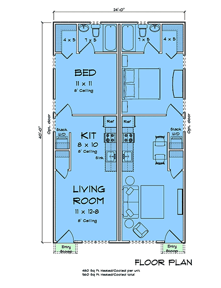 Cottage, Ranch, Traditional Multi-Family Plan 100681 with 2 Beds, 2 Baths First Level Plan
