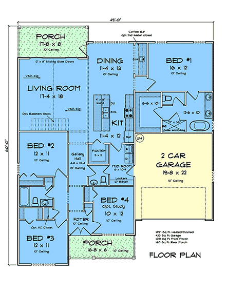 Cottage, Country, Farmhouse, Traditional House Plan 100682 with 4 Beds, 3 Baths, 2 Car Garage First Level Plan