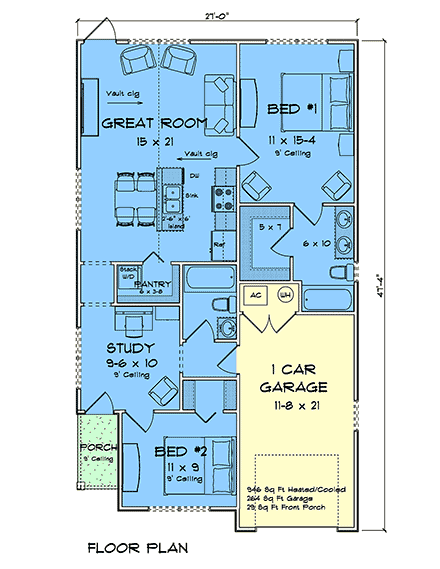 Cottage, Country, Craftsman, Traditional House Plan 100683 with 2 Beds, 2 Baths, 1 Car Garage First Level Plan