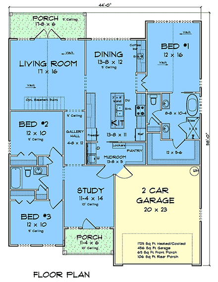 Country, Craftsman, Ranch, Traditional House Plan 100686 with 3 Beds, 2 Baths, 2 Car Garage First Level Plan
