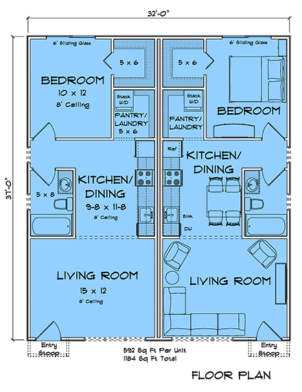 Craftsman, Traditional Multi-Family Plan 100690 with 2 Beds, 2 Baths First Level Plan