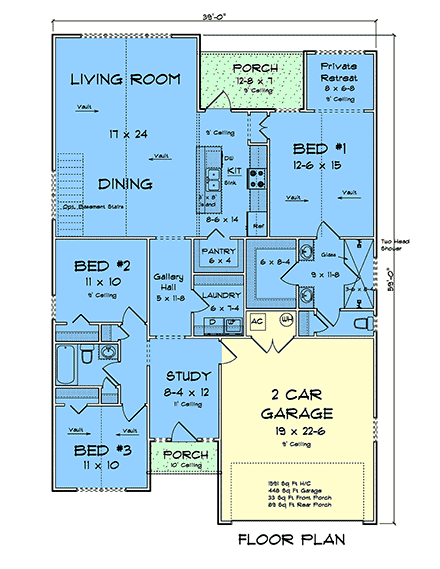 Cottage, Country, Craftsman, Ranch, Traditional House Plan 100691 with 3 Beds, 2 Baths, 2 Car Garage First Level Plan