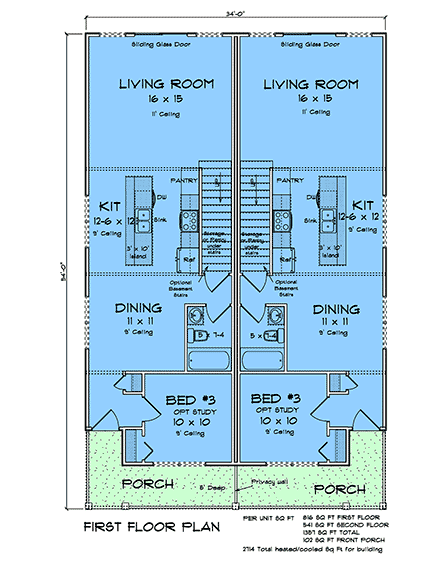 Country, Traditional Multi-Family Plan 100696 with 6 Beds, 6 Baths First Level Plan