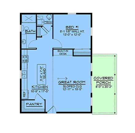 Contemporary, Cottage House Plan 100726 with 1 Beds, 1 Baths First Level Plan