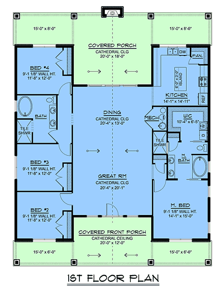 Contemporary, Craftsman, Farmhouse, Ranch House Plan 100759 with 4 Beds, 2 Baths First Level Plan