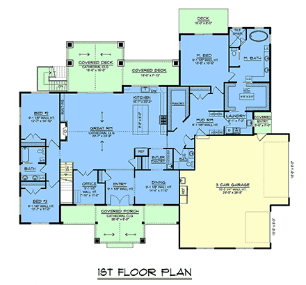 Farmhouse, New American House Plan 100770 with 3 Beds, 3 Baths, 3 Car Garage First Level Plan