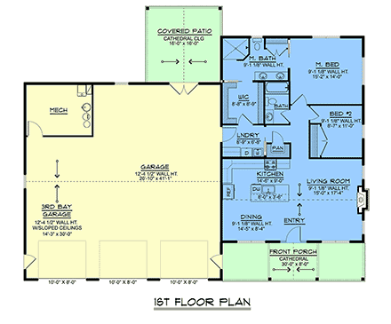 Barndominium, Country, Craftsman, Ranch House Plan 100799 with 2 Beds, 2 Baths, 3 Car Garage First Level Plan